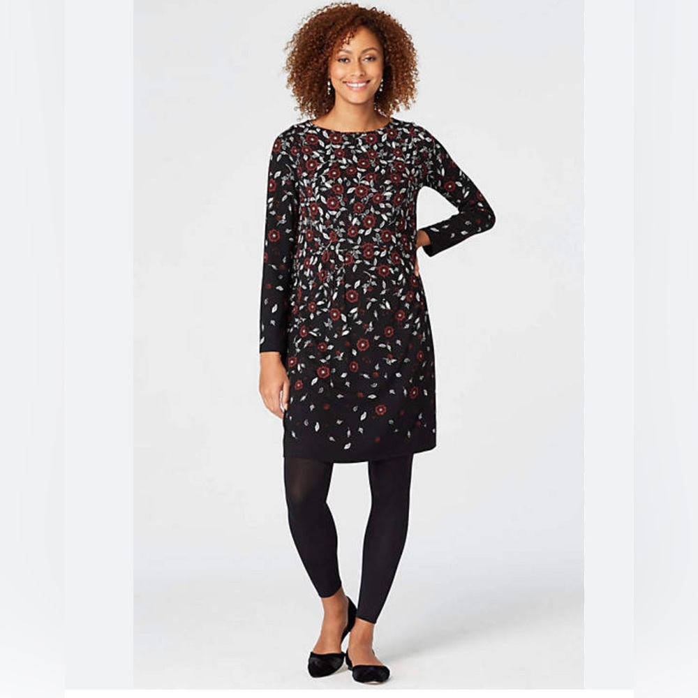 J. Jill Black Long-Sleeve Floral Shift Dress with Red & Cream Accents